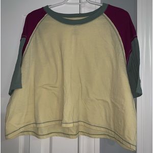 SO cropped shirt, size XXL, yellow with green and purple.